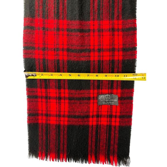 Polo By Ralph Lauren Scarf Red Black Plaid Cashmere Fringe Edges Pony Logo USA - Picture 7 of 8